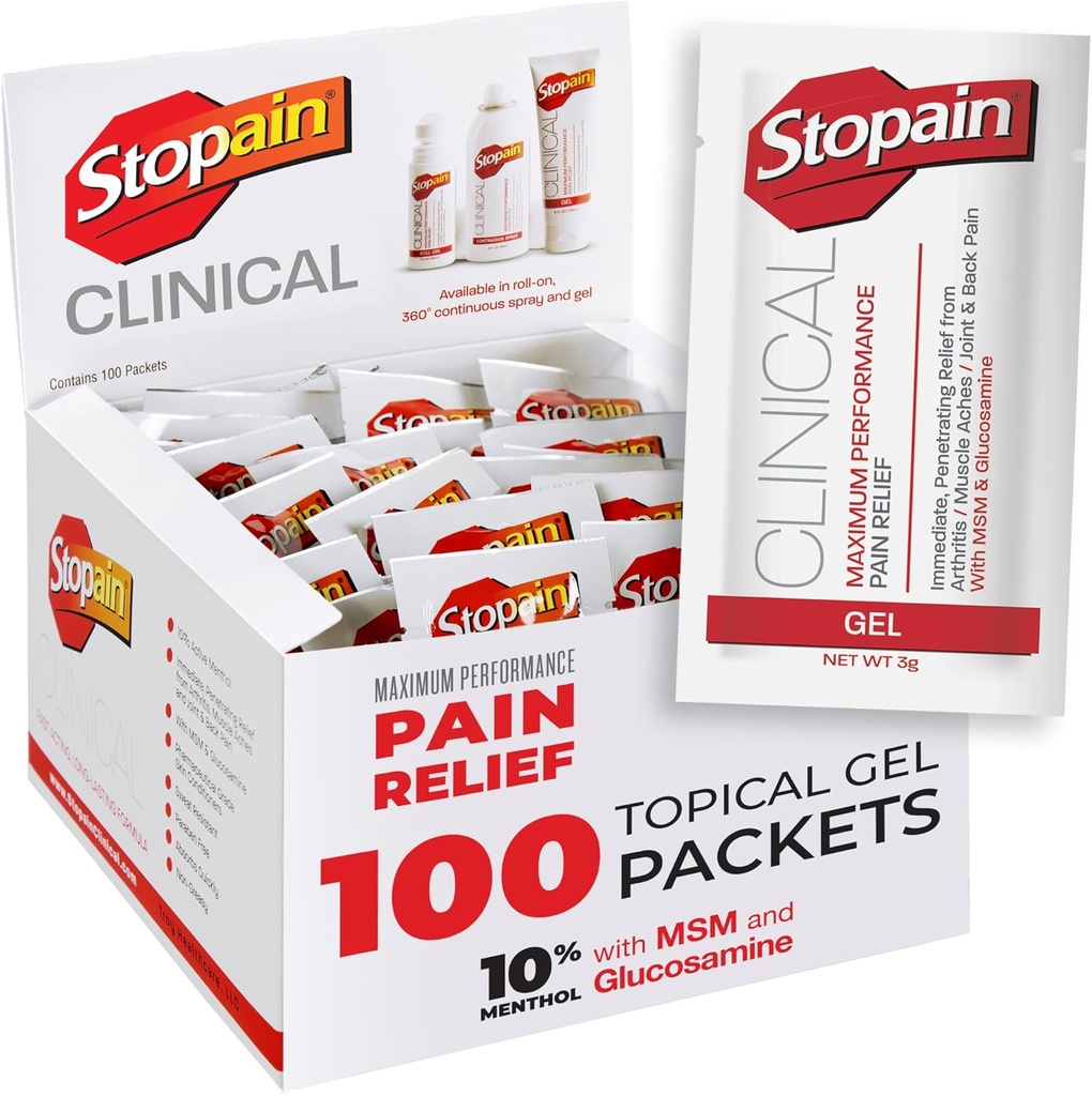 Stopain Pain Relief Klinické gelové balíčky, 100 Pack, Made in USA, Maximální výkon Pain Relief s 10% Menthol Plus Glucosamine pro svalové Aches, společná bolest, a artritida