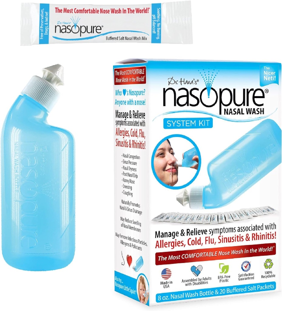 Nasopure Nasal Wash, System Kit, "The Nicer Neti Pot" Sinus Wash Kit, Komfortní Nasal Rinse 8 Oz Bottle & 20 Salt Packets (3.75 Grams Each), Nasal Congestion, Cold, Flu, Alergie, Nasal zavlažování
