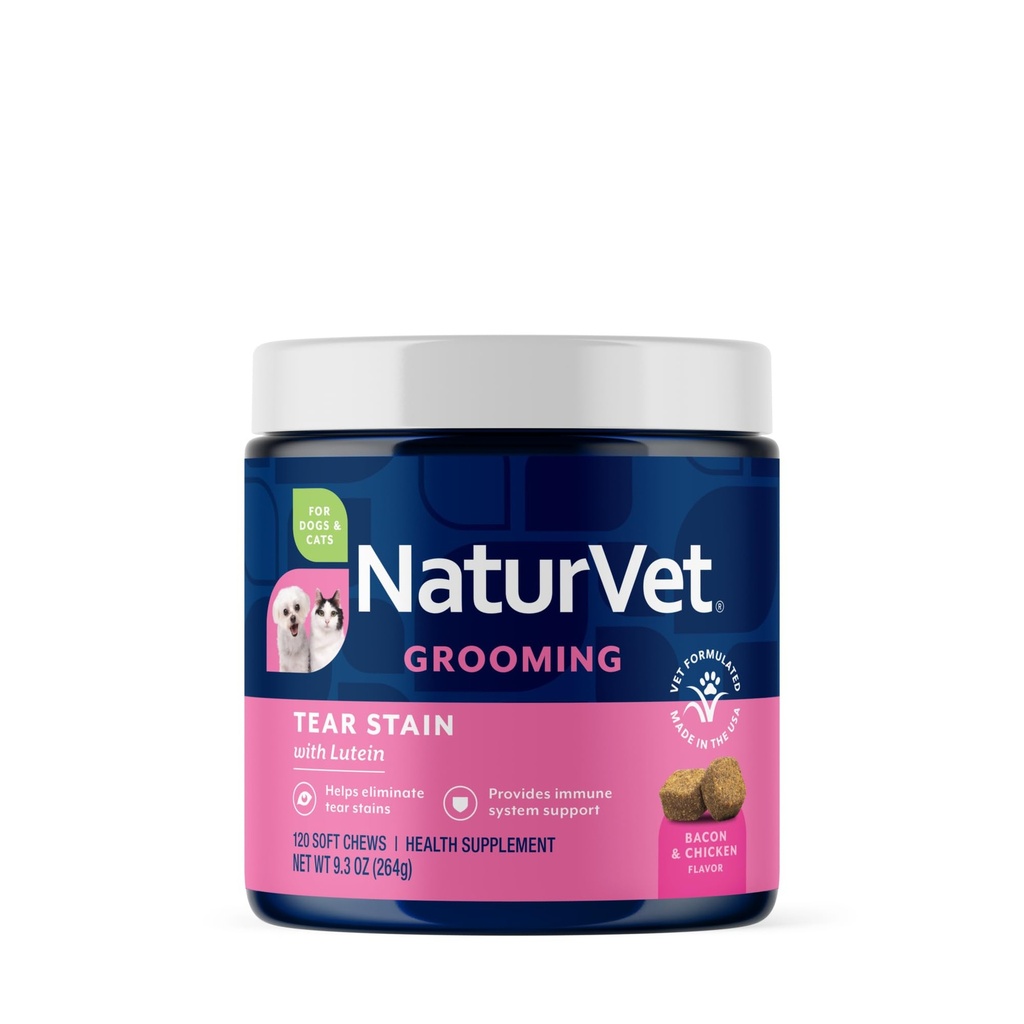 NaturVet Lutein Tear Stain doplňky pro psy a kočky - Zabraňuje slzným sadbám pro psy, Kočičí plemena - Zahrnuje Oregon Grape Root, Marshmallow Root, Cranberry Extract - 120 Ct.