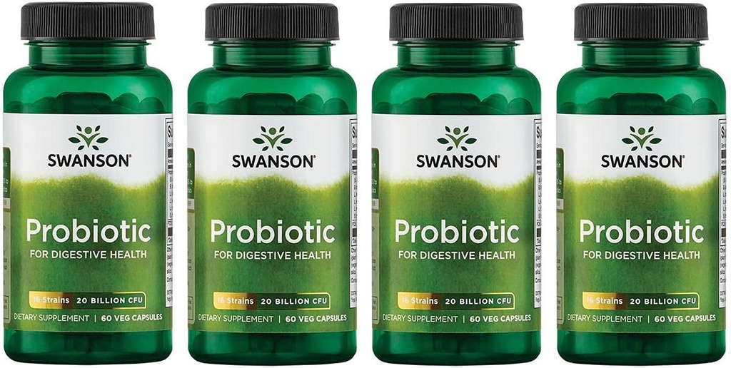 Swanson Probiotic for Digestive Health GI Tract Imunitate Support Travelers Support 20 miliard CFU s Prebiotic FOS 60 Veggie kapsle (4 balení)