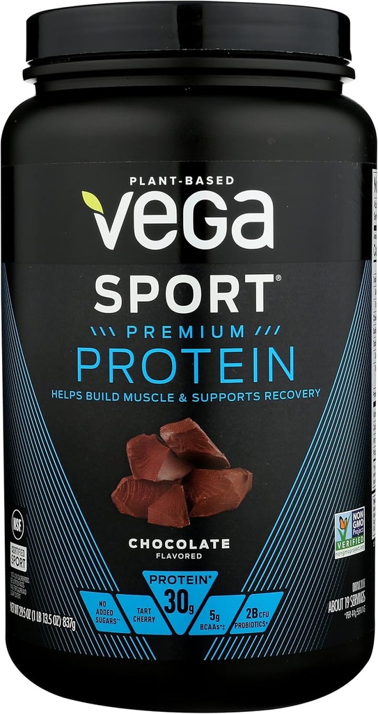 Vega Sport Premium Protein Powder, Chocolate, Vegan, 30g Plant Based Protein, 5g BCAA, Low Carb, No Sugar, Keto, Dairy Free, Gluten Free & Non- GMO, Pea Protein pro ženy a muže, 29.5 Oz