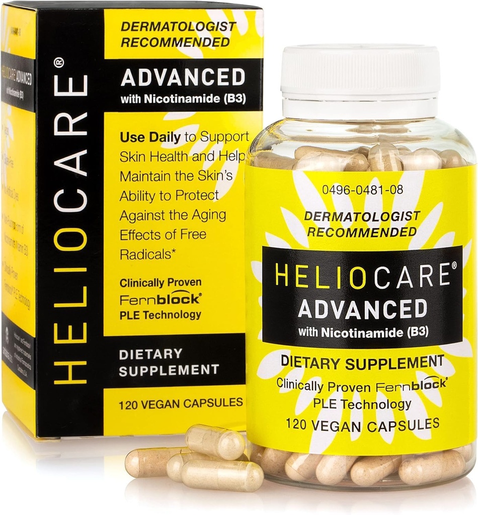 He- lioc- a- re AD- ANC- ed Niacin B3 Dodatek: Fernblock PLE Extract 240mg per Serving - Podporuje zdraví kožních buněk W / Antioxidant Rich Vitamin B3 Niacin 500 mg - 120 Vegan Kapsle