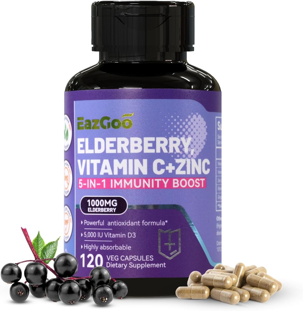 Sambucus Elderberry se zinkem a vitaminem C - 5 v 1 doplněk imunitní podpory, Non- GMO, 120 Vegetariánské kapsle, 2 měsíce Dodávka