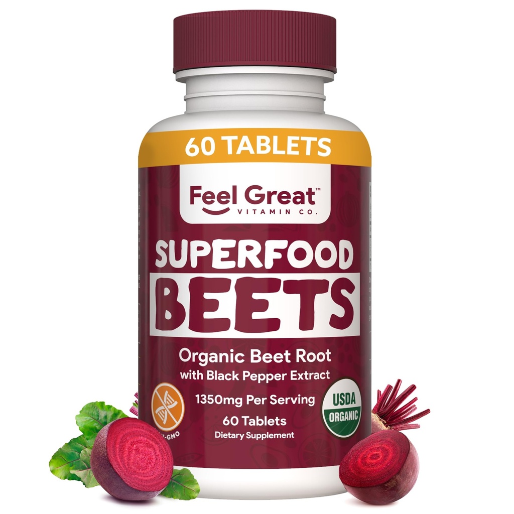 Feel Great Vitamíny Organic Beet Root Supplements (Tablety) CLAS124; Beets Nitric Oxide Supplement CLAS124; Red Beet Powder Support Zdravý oběh s přírodními dusičnany pro přírodní energii *