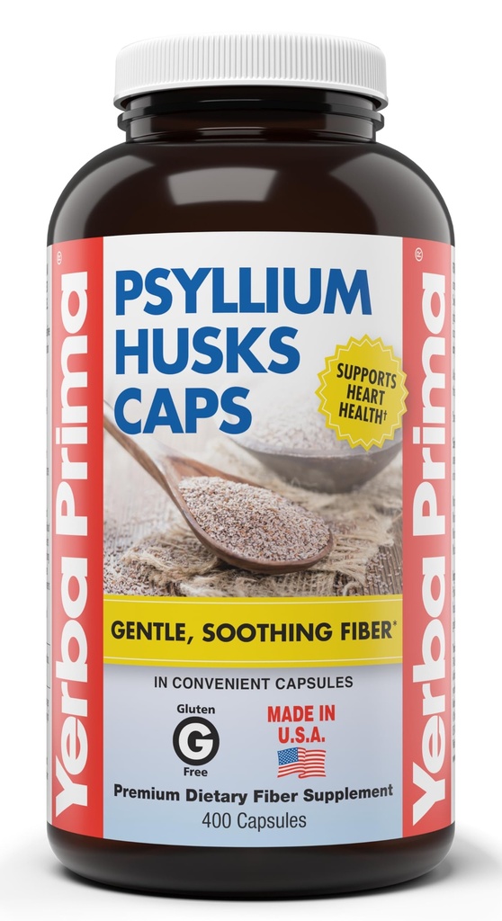 Yerba Prima Psyllium Husks Caps, 625 mg, 400 Kapsle - Přírodní Vláknina pro muže a ženy - Dodatek k podpoře regulace