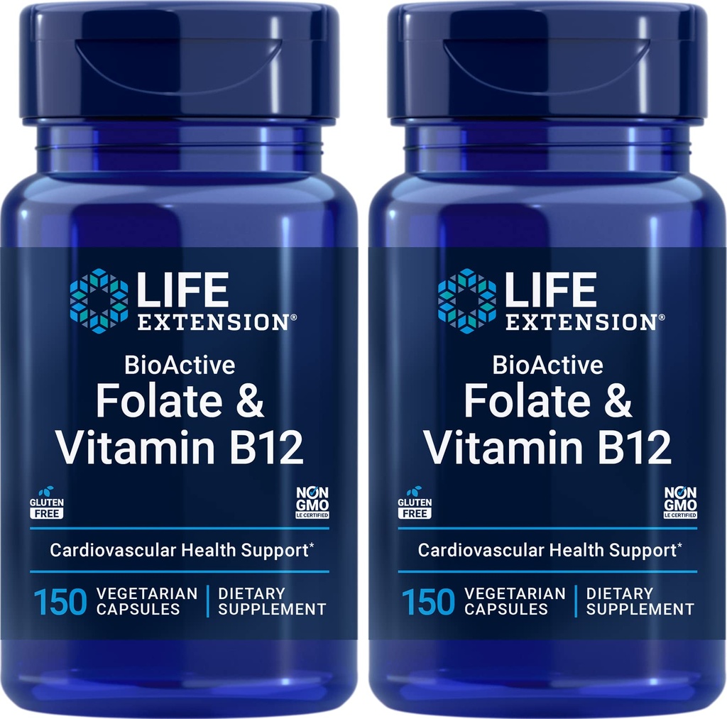 Life Extension BioActive Folate & Vitamin B12, 150 Vegetariánské kapsle (Balení po 2), Non GMO, gluten zdarma