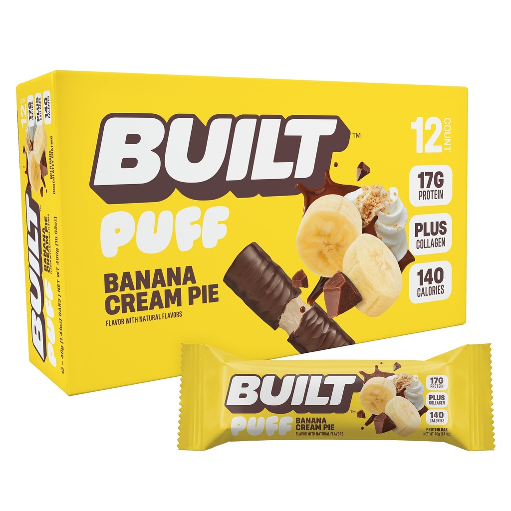 Postaven bar, Puff Protein Bary, Banana Cream Pie Puff, 17g Protein Snacks, On-The- Bary, Pouze 140 kalorií, 6g cukru, kolagen, gluten zdarma, 12 Počet