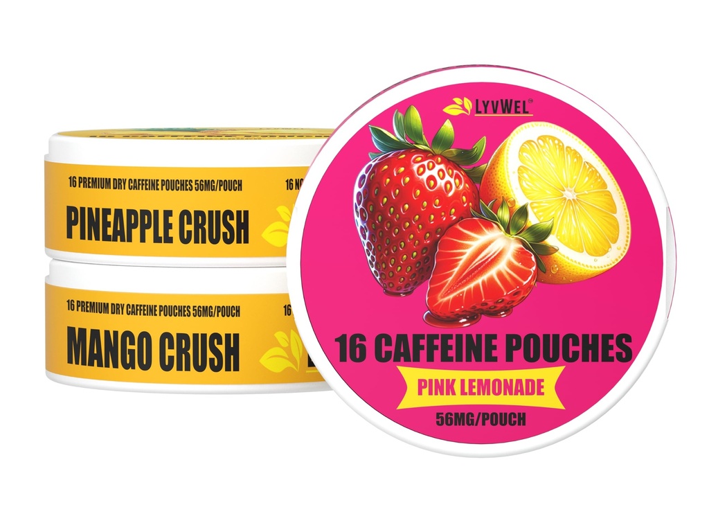 LyvWel 56mg Caffeine Energy Pouches - Pink Lemonade, Ananas Crush, Mango Crush - Fruity Clean Energy & Focus Boost with Guarana - 3- Pack Sampler (48 Total Pouches)