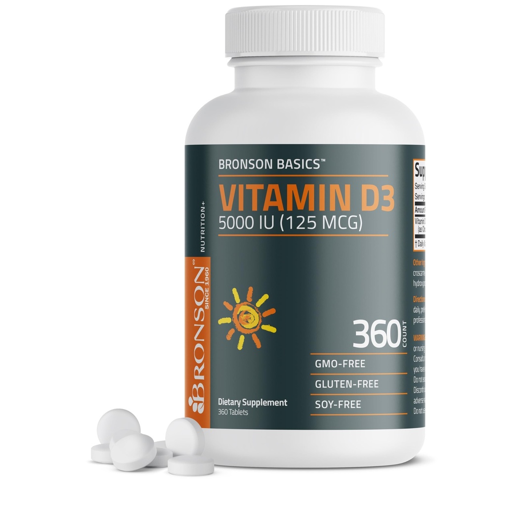 Bronson Vitamin D3 5000iu (125mcg) 1 rok dodávky pro zdravé svalové funkce a imunitní podporu, Non- GMO, 360 tablet