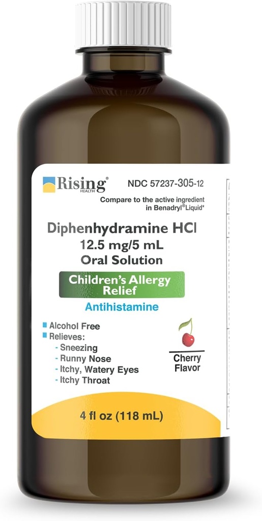 Rostoucí zdraví - Alergie Relief Liquid Medicine with Diphenhydramine HCl 12.5mg / 5ml - Dětská alergie Symbol pro příznaky, jako je Runny Nose, Itchy Eyes & More - Cherry Flavor - 4 f. oz