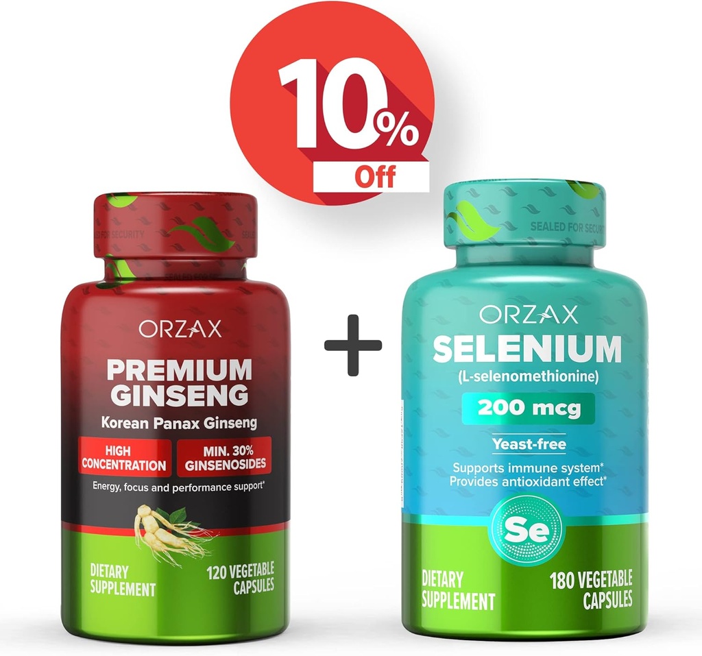 ORZAX Premium ženšen 120 Vegetabilní kapsle a Selen 200 Mg 180 Vegetabilní kapsle, Bundle