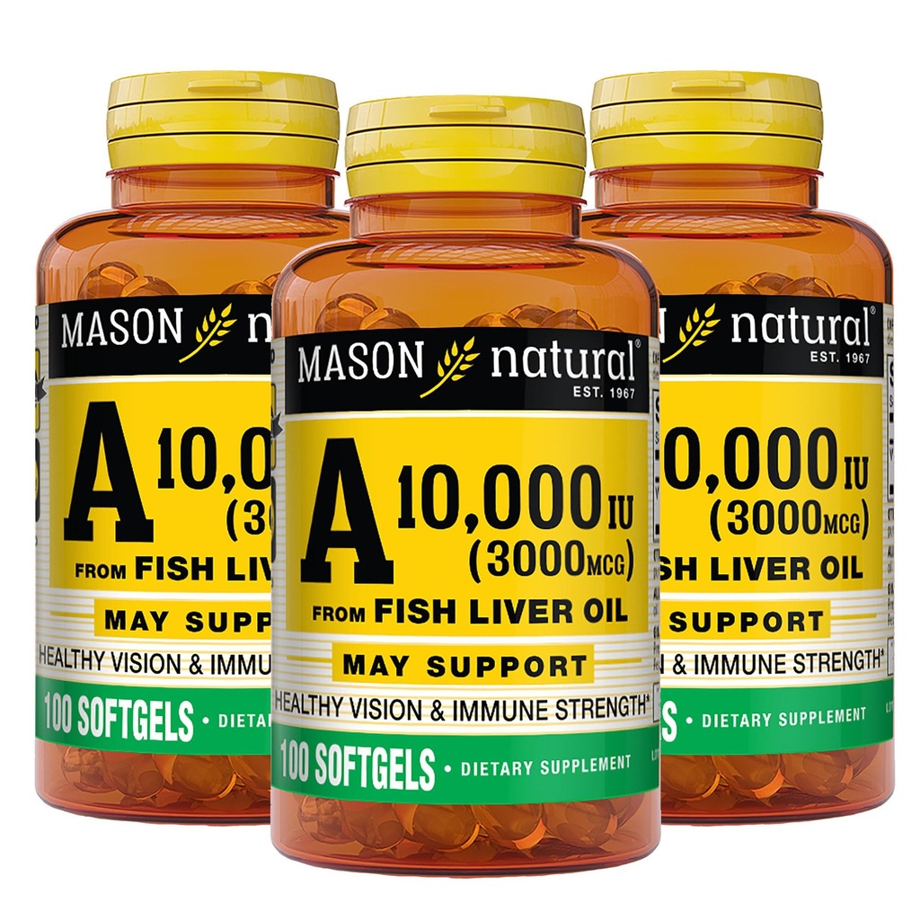 MASON NATURAL Vitamin A 3 000 mcg (10 000 IU) z rybího játrového oleje, podporuje Vizi & Imunitní zdraví, 100 Softgels, balení po 3 ks