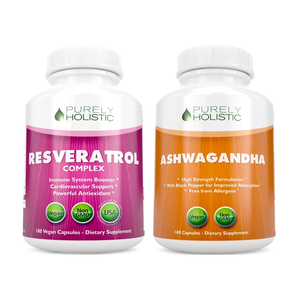 Čistě holistické Resveratrol 1450mg + Organic Ashwagandha 1300mg & Black Pepper - Vegan Bundle - 180 + 180 Kapsle - Baleno s potenciálními antioxidanty - Vyrobeno v USA