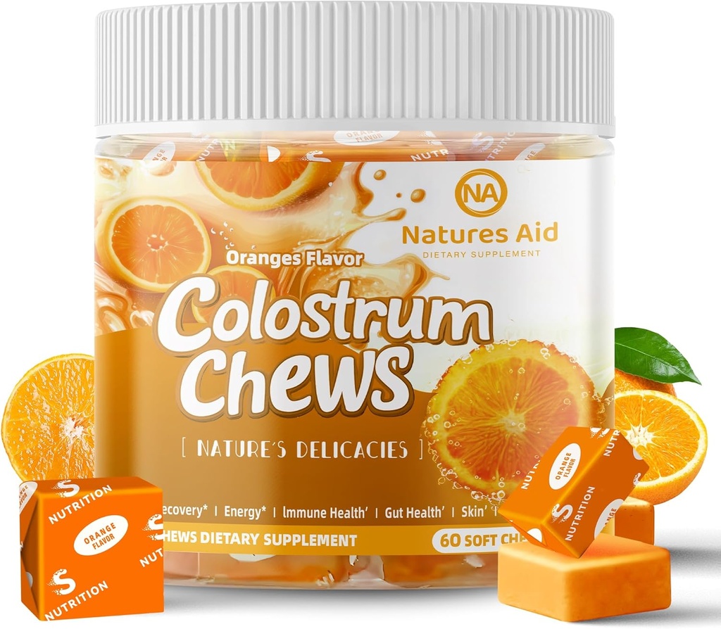 Colostrum Chews dodatek s probiotika pro Gut zdraví, nadýmání, imunitní podpora, kůže, růst vlasů a krása - Orange Flavor (60 Služeb)