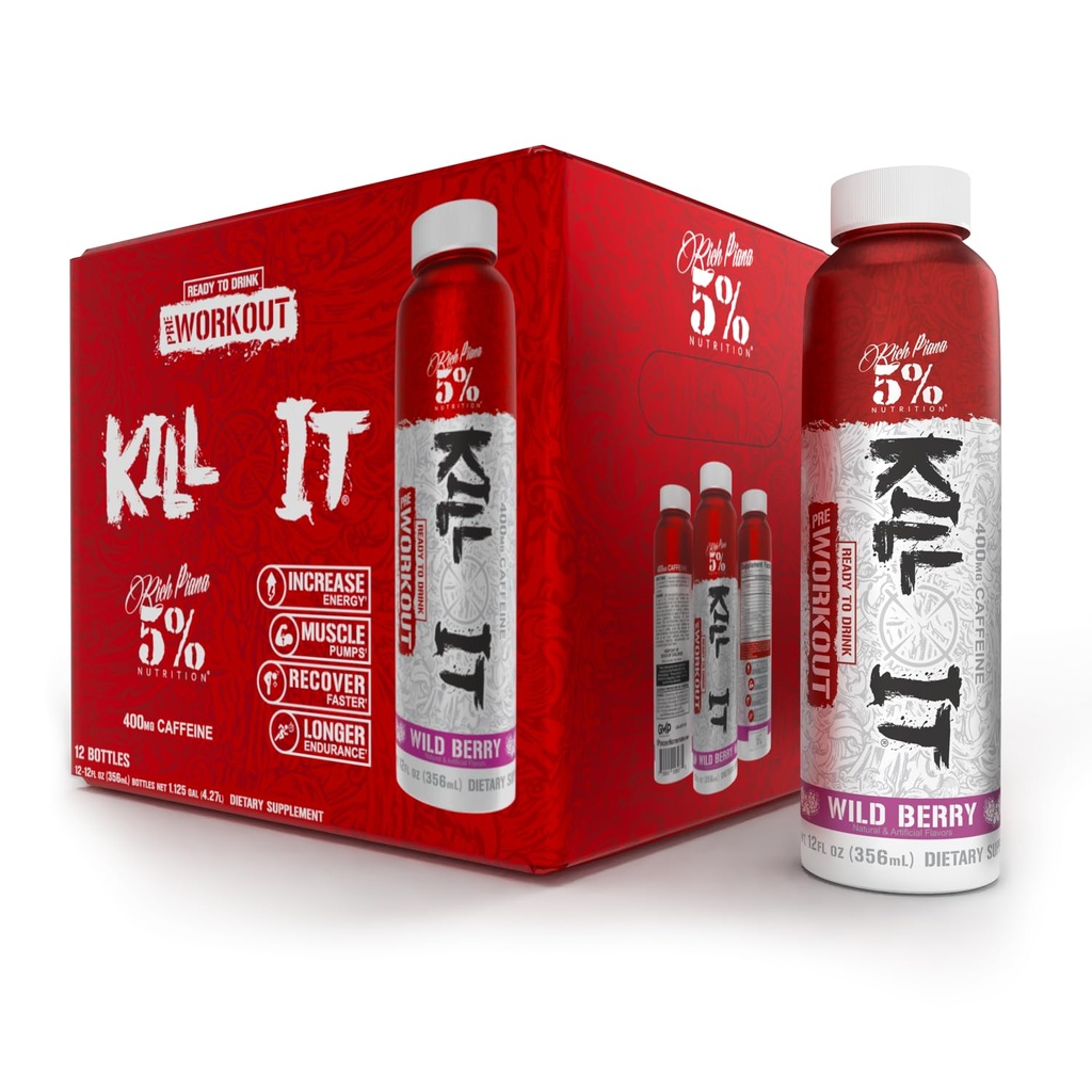 5% Nutrition Kill It Ready- to- Drink High Stim Pre Workout 124; 400mg Caffeine Energy Drink 124; Extrémní čerpadlo, Endurance, Focus & Hydration PH124; Citruline, Beta Alanin, Taurin 124; 12 Pack (Wild Berry)