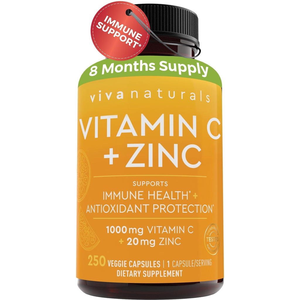 Viva Naturals Vitamin C a zink doplňky 1000mg - zinek 20mg (250 Veggie Kapsle) - High- potency & Vitamin C se zinem pro imunitní podporu - Non- GMO, gluten zdarma (8 měsíců dodávky)