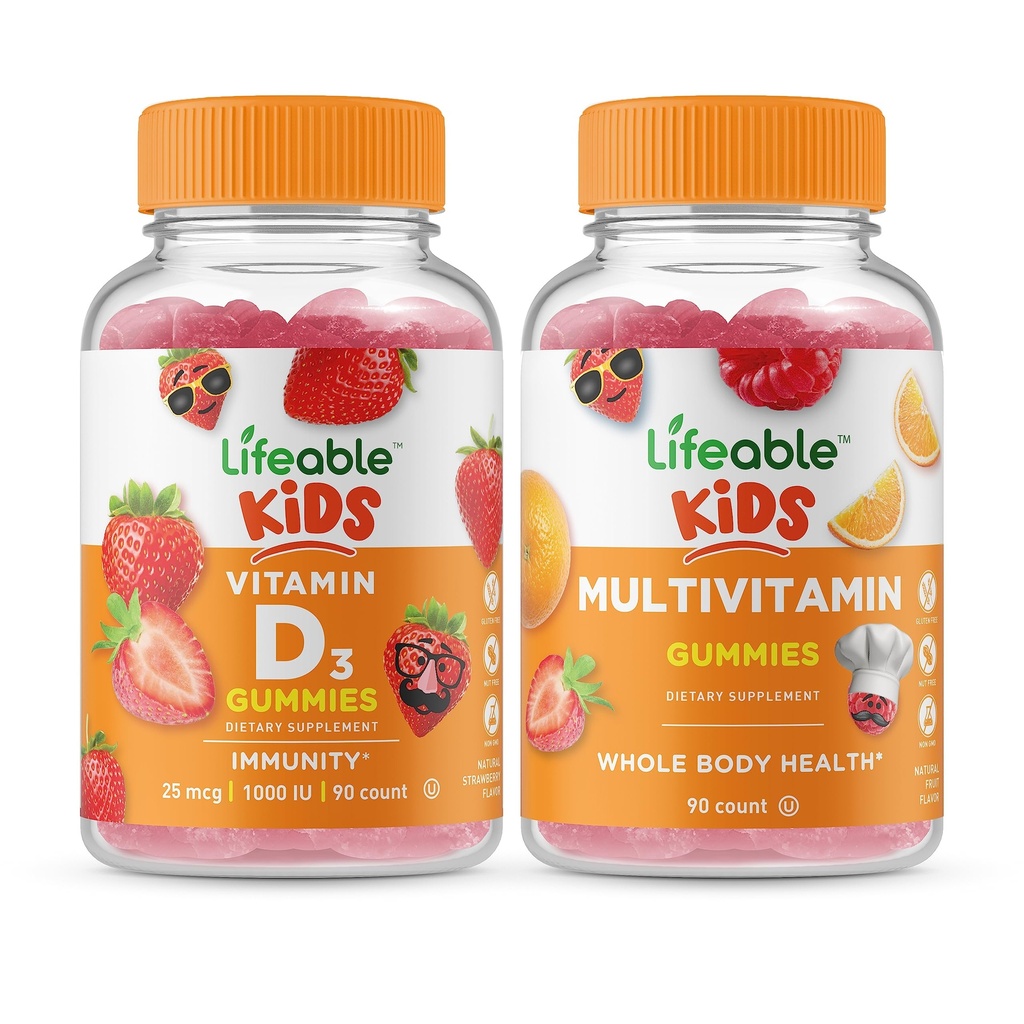Živý vitamín D Děti + Multivitamin Děti, Gummies Bundle - Velký přípitek, doplněk vitamínu, gluten zdarma, GMO zdarma, Žvýkací Gummy
