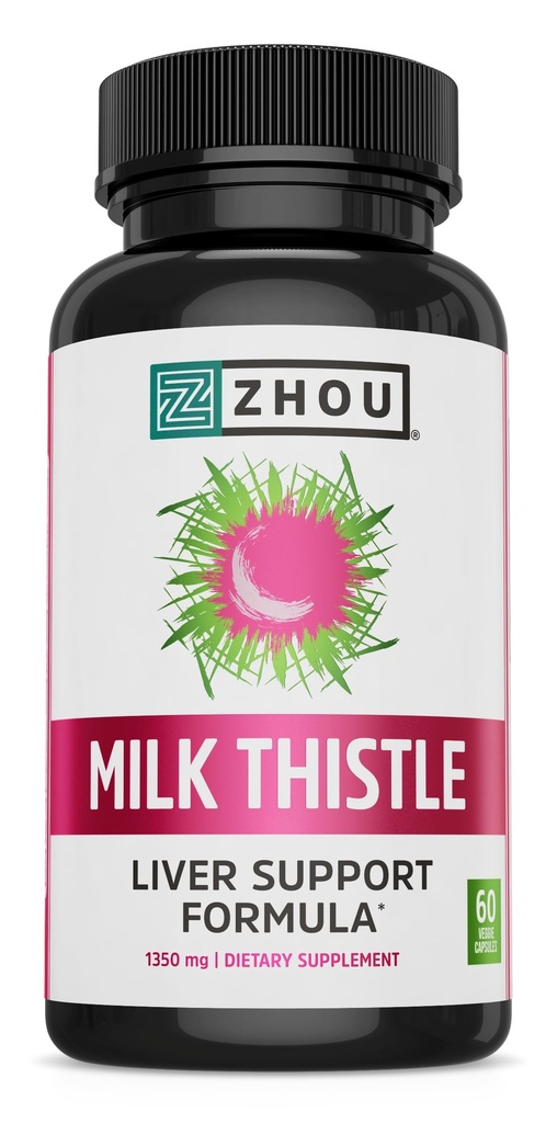 Zhou Mléko Thistle - dodatek pro zdraví jater, Silymarin Mléko Thistle Extract & Prášek pro muže a ženy, Bylinné čištění Podpora, Metabolické zdraví - 60 Vegetariánské Kapsle