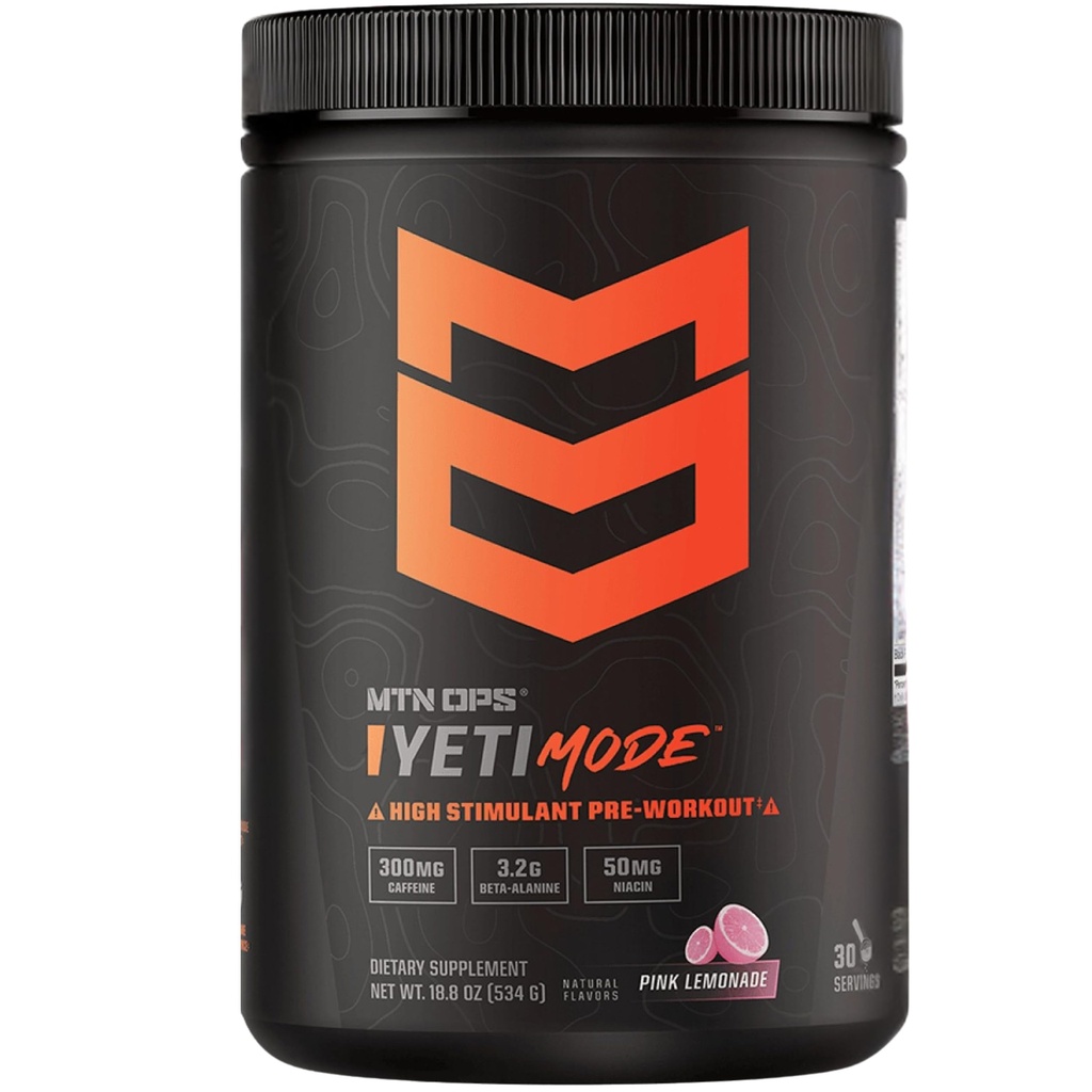 MTN OPS Yeti Mode Pre- Workout Powder - Explosive High- Stimulant s 300mg kofeinu, Creatine Monohydrát, Beta- Alanin, a 45mg Niacin - Pink Lemonade Flavor v 30 Serving Tub