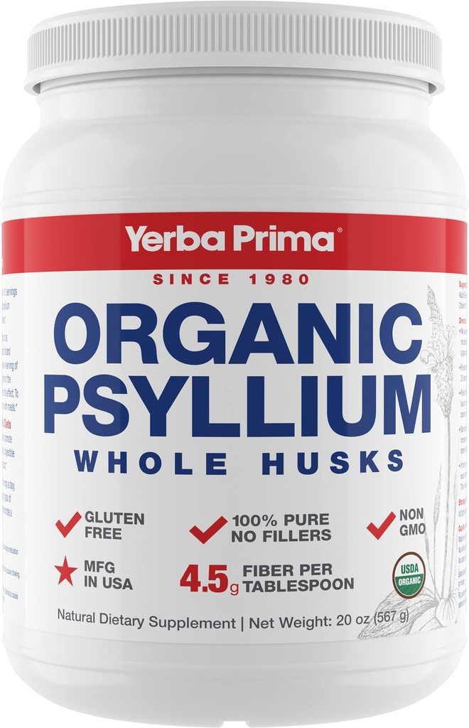 Yerba Prima Organic Psyllium Whole Husks Colon Cleanser - 20 oz - Přírodní denní dietní doplněk vláken 20oz, Colon Cleanser, Regularity & Detox Cleansing Support, Gluten Free, Non GMO, Vegan