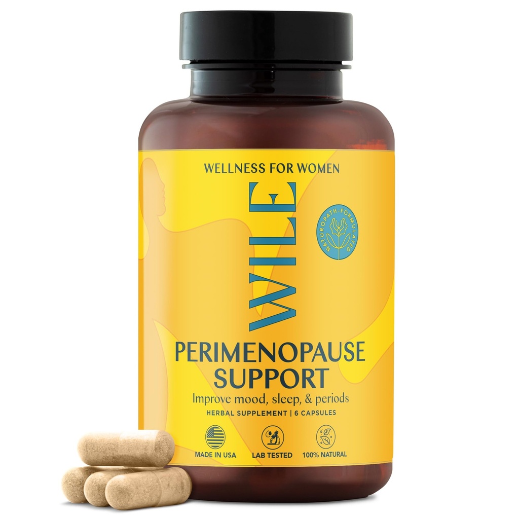 WILE Menopauza a Perimenopauza Doplňky pro ženy s Ashwagandha - Menopauzální příznaky Relief pro stres, návaly horka, noční poty - Zdravý spánek & Hormon Balance Support, Vegan, 30 Služení