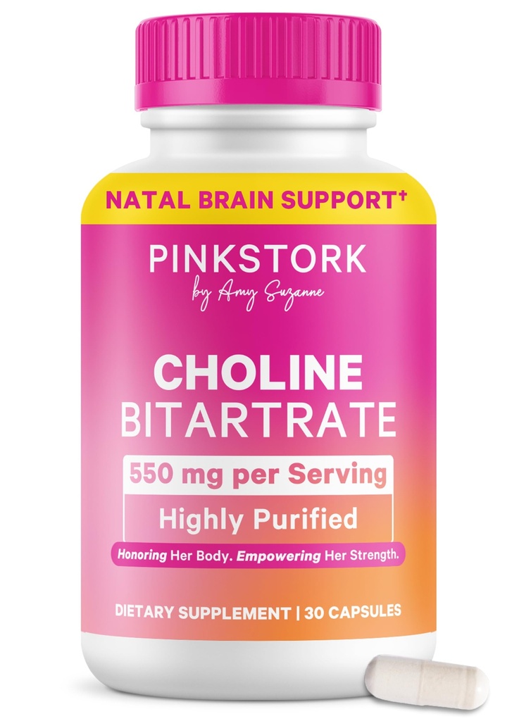 Pink Stork Cholin - 550 mg Choline Bitartate z VitaCholinu pro těhotnou + poporodní matku - Prenatální vitamín pro plodné kognitivní zdraví + kvalita mateřského mléka - 1 kapsle denně, 30 Počet