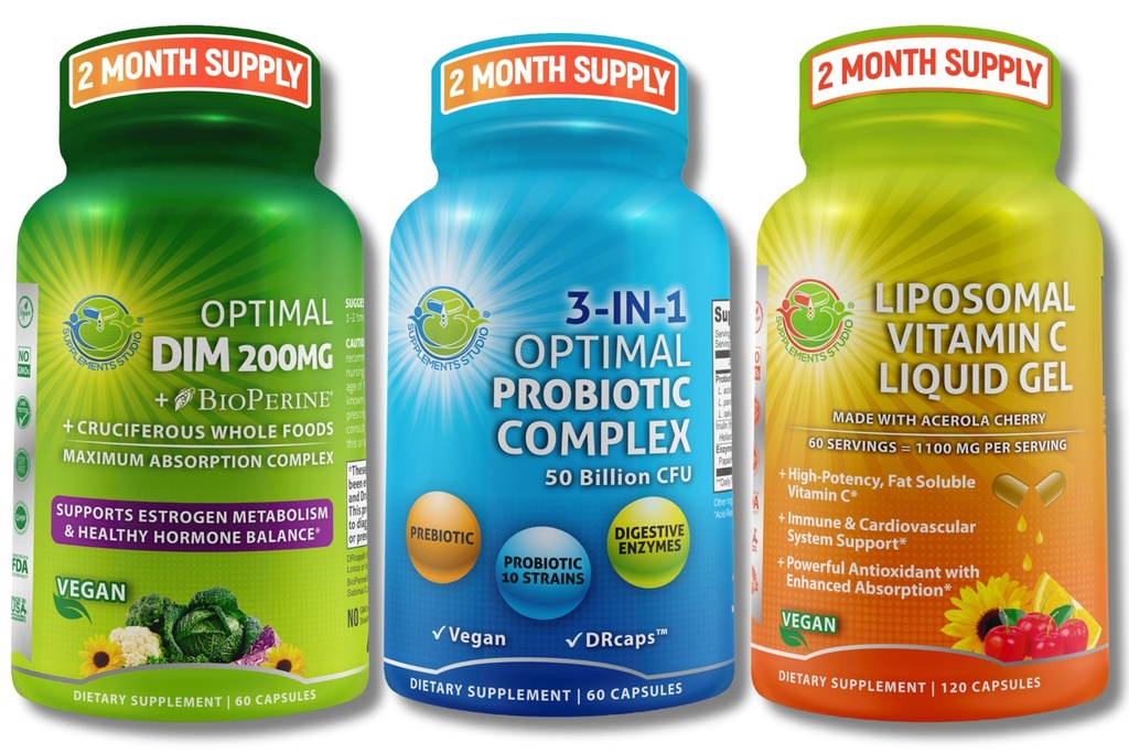 Hormonální, trávicí a imunitní podpůrný balíček - DIM 200mg s BioPerine ® & Crucipean Whole Foods + Vegan 3in-1 Probiotic 50 Billion CFU + Liposomální vitamin C 1100mg s Acerola Cherry - No Fillers