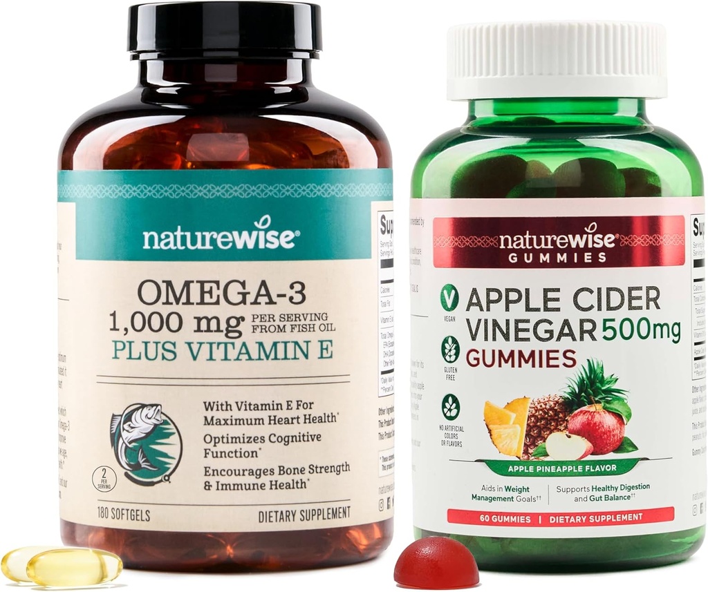 NatureWise Omega33 Fish Oil 1000mg s E 180- Count + Apple Cider Ocet Gummies 500mg s B12, 60- Count (Vegan Gummy) - Bundle for Heart, Eye, Digestive Health - Gluten Free, Soy- Free, Non- GMO