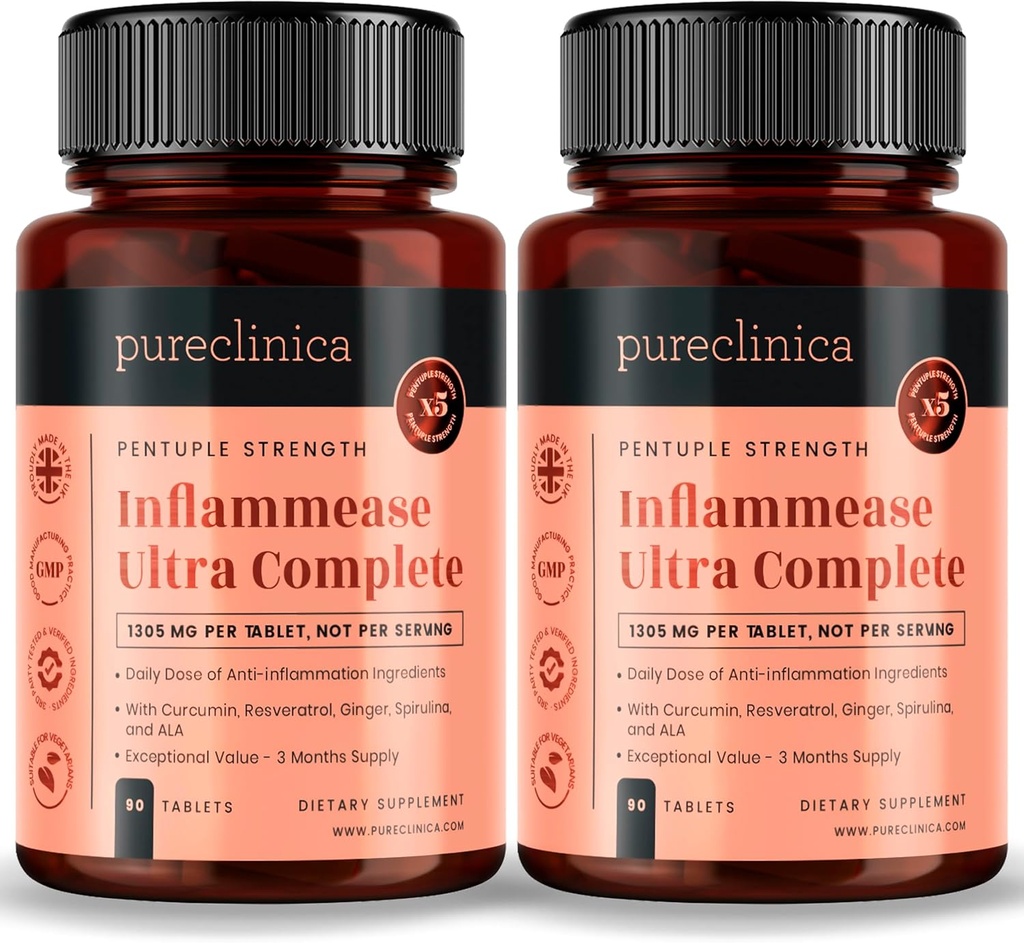 pureclinica Inflammease Ultra Complete (Resveratrol, Ginger, ALA, Spirulina, Curcumin- 5 Doplňky v jednom) 1305mg x 180 Tablety - 2 Lahve s 90 Tablety - 6 měsíců Dodávka!