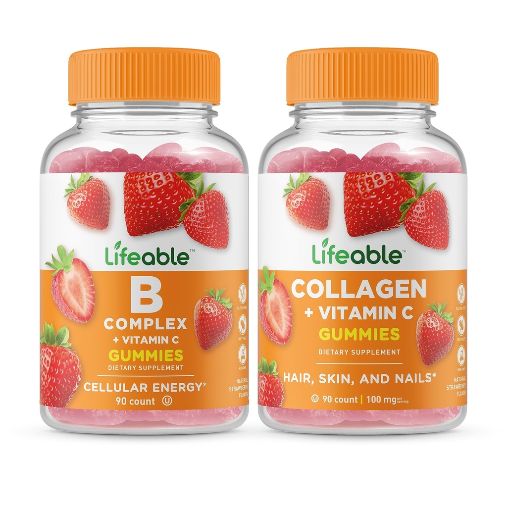 Lifeable B Complex + Collagen & Vitamin C, Gummies Bundle - Velký ochutnávka, vitamin dodatek, gluten zdarma, GMO zdarma, Žvýkací žlab