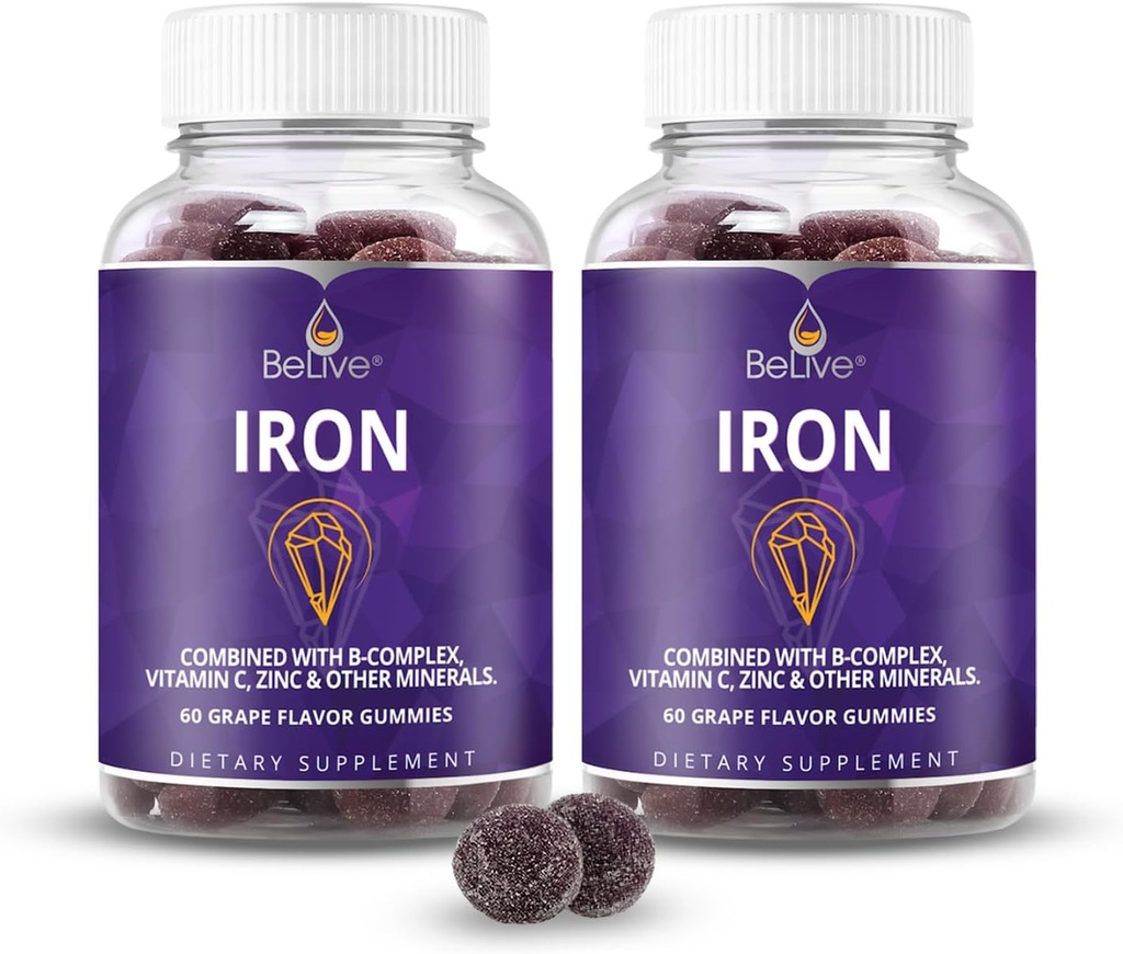 Belive železné gumy - Multivitamin Železo dodatek s vitamínem C, A, B & zinek, podporuje krevní kyslík, Vegan doplňky pro ženy, muži a děti pro růst a vývoj - Grape Flavor 124; 2-Pack