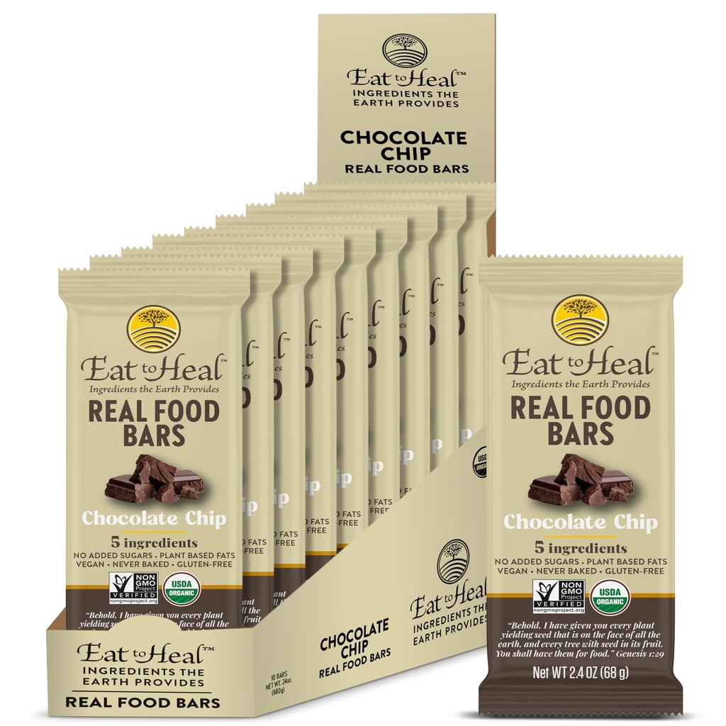 EatToHeal Chocolate Chip Real Food Bar - Organic Vegan Zdravé Gluten Volný protein Bary - Nízký cukr Strava Náhradní Bar, Non GMO, Nikdy pečený, Plant based - Vyrobeno, aby si užil, Nesedí na Shelves