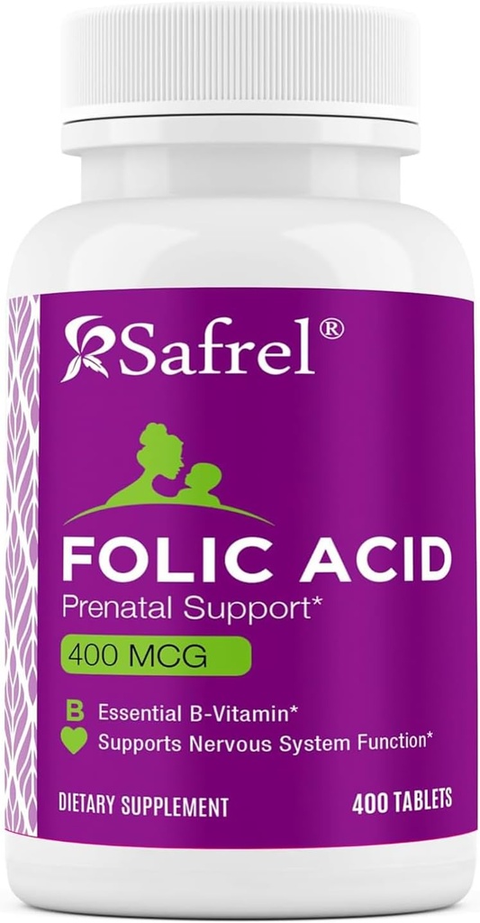 Safel Folic Acid 400 mcg - Vitamin B9-400 Tablety, Essential Prenatal a postnatální vitamin pro vývoj plodu, Red Blood Cell Production, Cell and Neural Development PHAR124; Non- GMO, Vegan