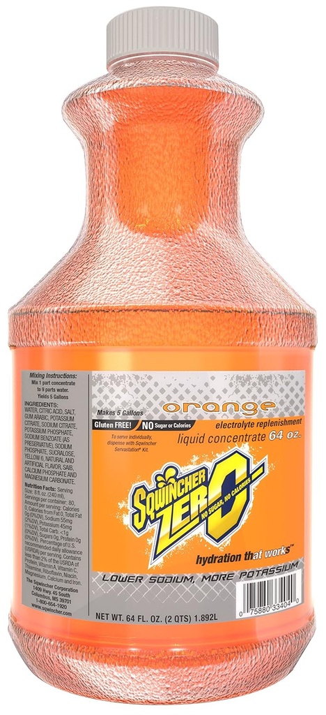 Sqwincher Zero Liquid koncentrát 124; Orange Ochucené 124; Cukr zdarma 124; Nízká kalorie 124; Nízká sodná sůl 124; Electrolyte doplnění Hydration Drink Mix 124; Dělá 5 galonů nápoje 124; 64 oz (balení po 6)