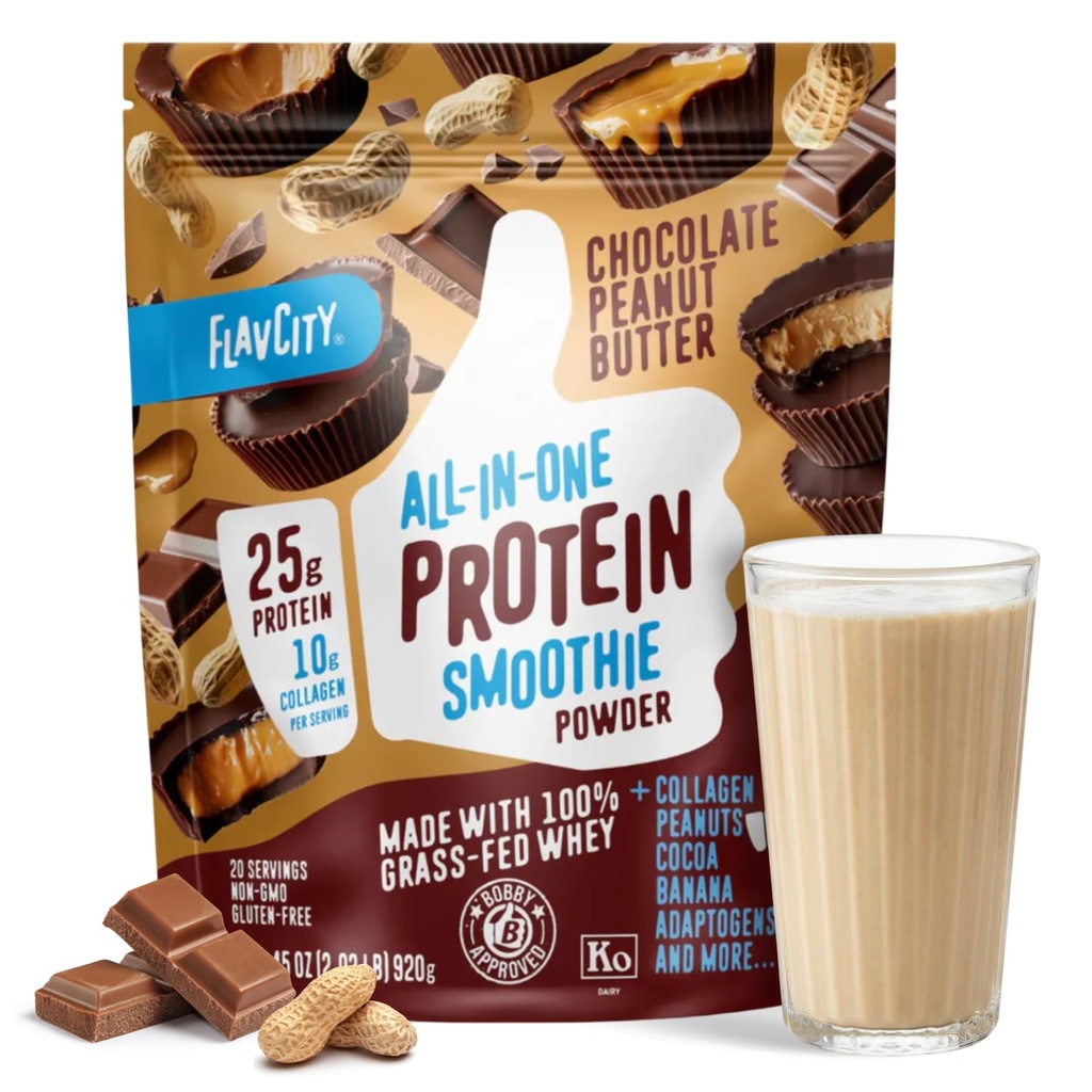 FlavCity Grass Fed Whey Chocolate Protein Powder - čokoládové arašídové máslo - 25g protein & 10g kolagen - Vyrobeno s organickým kakaem & kokosové mléko - gluten zdarma a bez přidaných sirupů (20 Služeb)