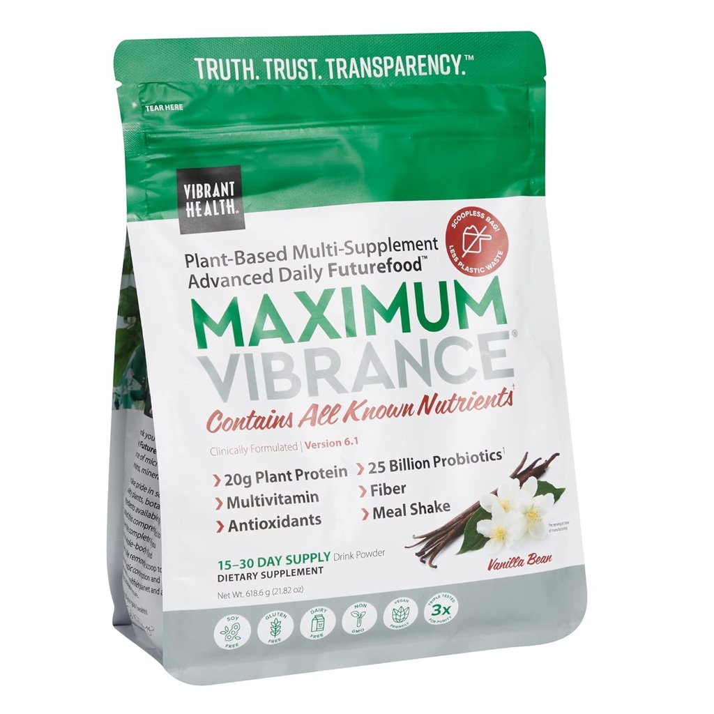 Vibrační zdraví, Maximální vibrace, Plant- based Superfood dodatek s multivitamin, protein a 25 miliard CFU probiotika, Vanilla, 15 Serving Pouch