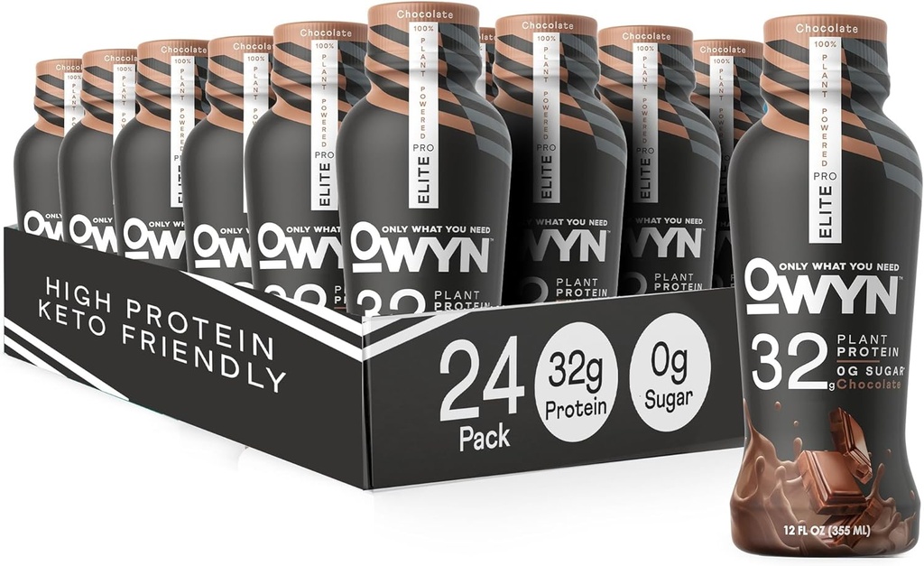 OWYN pouze to, co potřebujete pro Elite Vegan High Protein Keto Shake, 32g protein, 9 aminokyselin, Omega33, Prebiotika, cvičení a zotavení, 0g Net Carbs, Nulový cukr (Čokoláda, 12 Fl Oz (balení 24)
