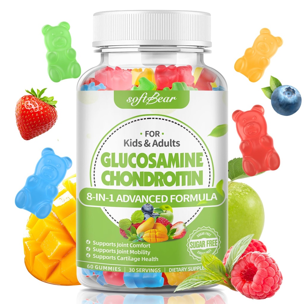 softbear Glucosamine Chondroitin Gummies pro dospělé, bez cukru Chondroitin & Glucosamin Nutriční doplňky pro společnou podporu, Smíšené ovocné příchutě, 60 Počet