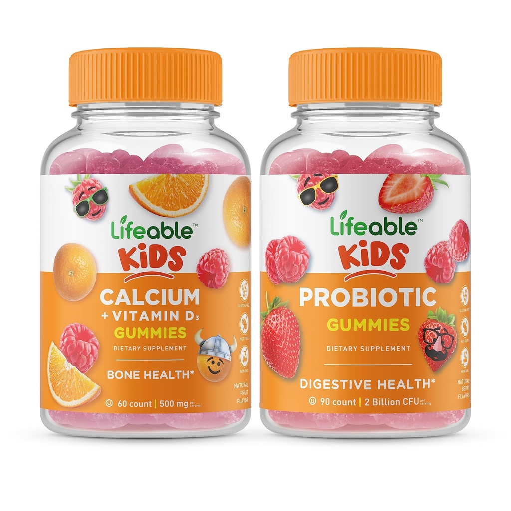 Živé vápník s vitaminem D děti + Probiotické 2 miliardy CFU děti, Gummies Bundle - Velký Ochutnávání, Vitamin dodatek, gluten zdarma, GMO zdarma, Žvýkací žlab