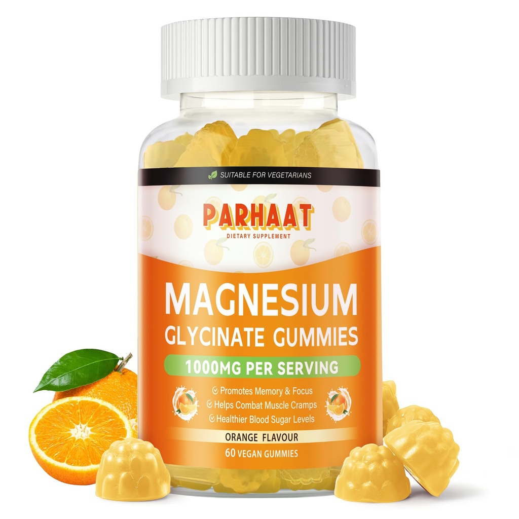 Glycinát hořečnatý Gummies 1000mg - Doplněk hořčíku bez cukru s vitaminem D, B6, CoQ10 pro klidnou náladu a spánkovou podporu - 60 Orange Gummies