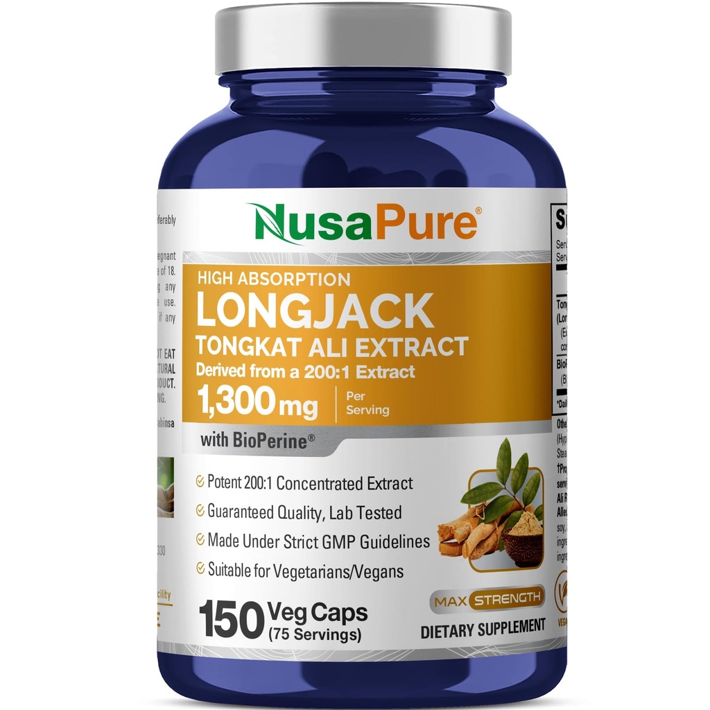 NusaPure Longjack Tongkat Ali 260,000mg 150 Veggie Caps (Non- GMO, gluten zdarma) Bioperin
