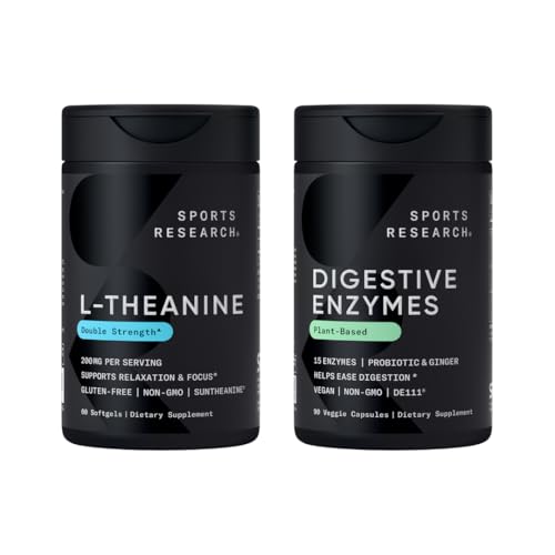 Sportovní výzkum Double Strength L- Theanine dodatek Suntheanine Softgels pro soustředění, relaxaci a bdělost s Coconut Oil 60 Počet a trávicí enzymy + Probiotika & Ginger rostlin na bázi 90 Počet