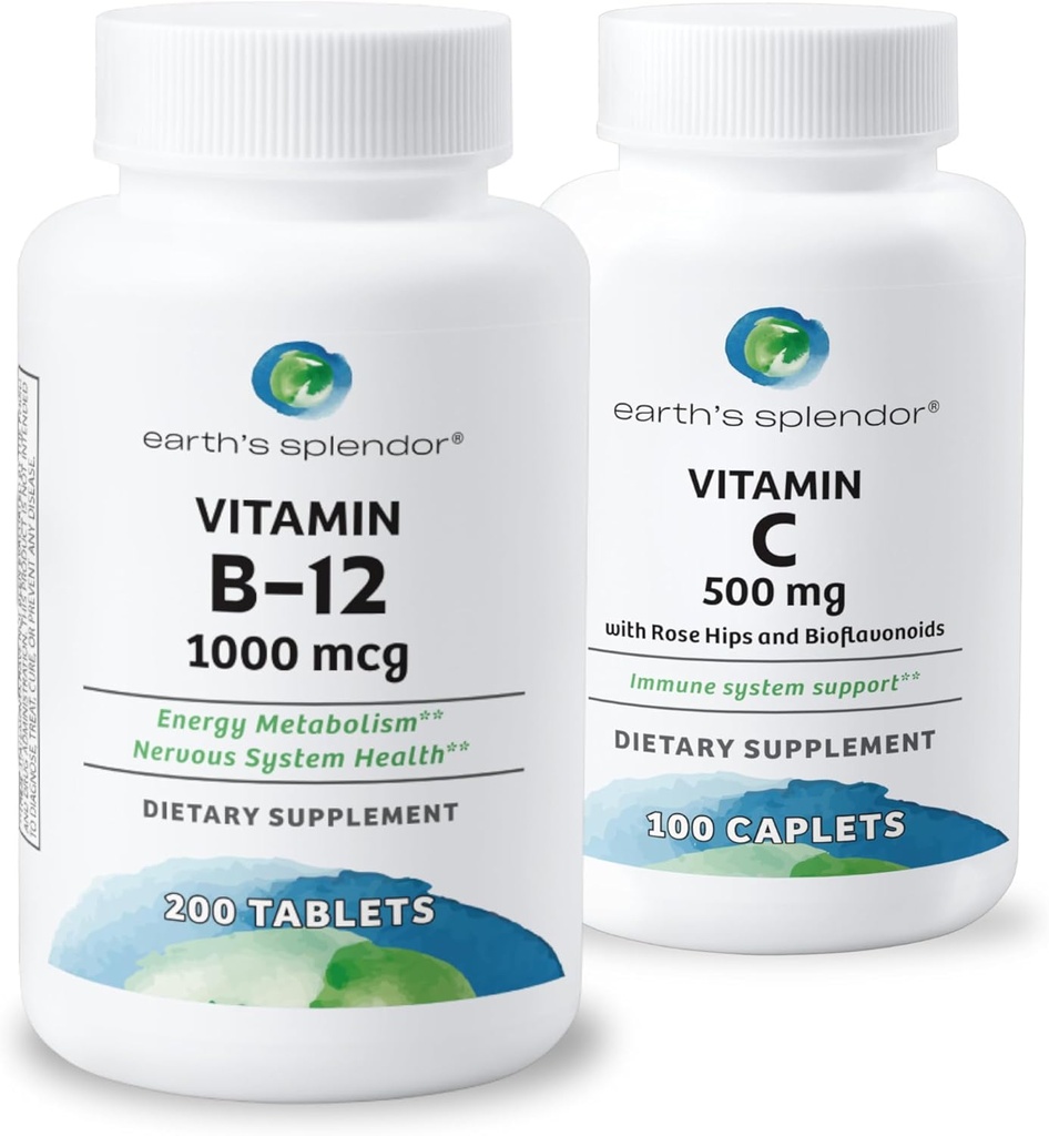 Pozemské Splendor Energy & Imunitation Support - Vitamin B12 & Vitamin C s Rose HIPS, gluten- Free, Žádné umělé barvy nebo aromata, Podporuje energetický metabolismus a antioxidant zdraví pro muže a ženy