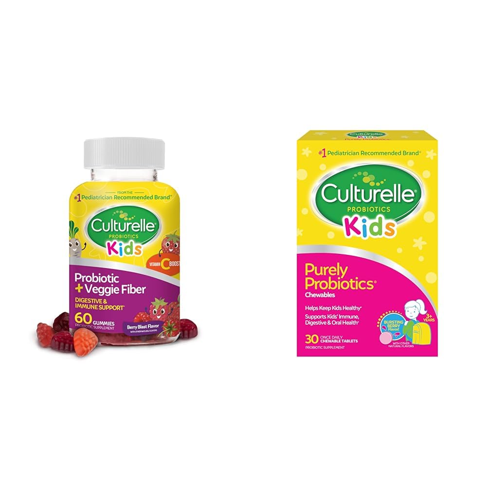 Culturelle Daily Probiotic for Kids + Veggie Fiber Gummies (ages 3 +) - 60 Count & Kids Chewable Daily Probiotic for Kids, Ages 3 +, 30 Count