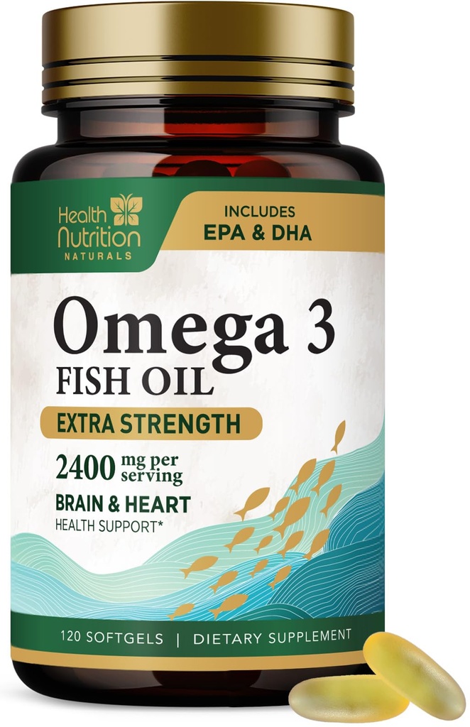 Omega 3 Fish Oil 2400 mg - Trojitá síla Omega-3 doplňky - Přírodní Brain Heart Health & Immunication Supplementary - Mastné kyseliny s EPA & DHA - Wild Catch Purified Fish Oil Supplement - 120 Softgels