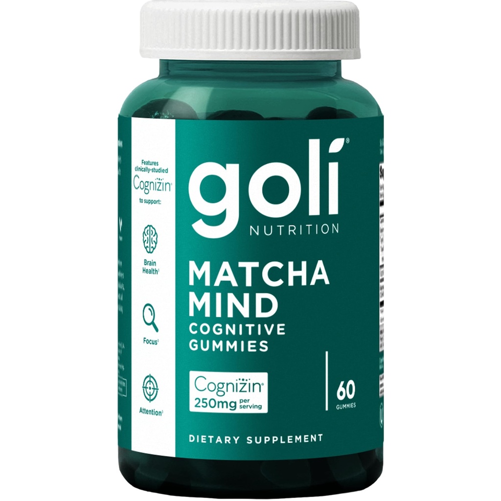 Goli Matcha Mind Gummies - 60 Hrabě - Green Tea Leaves Powder with Cognizin for Focus, Pozor a Brain Health, Vegan, Non- GMO, Gluten- Free & Gelatin Free.