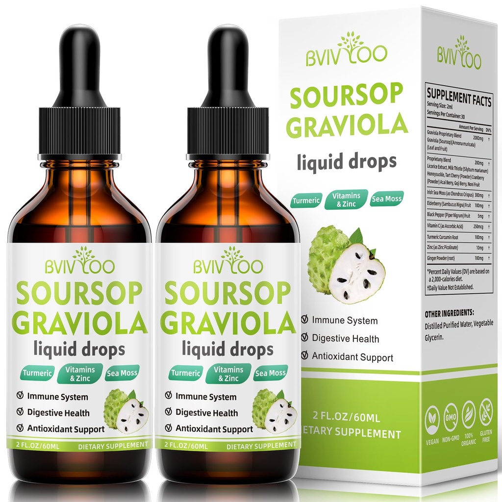 2 Pack Soursop Graviola Liquid Drops - 2000mg Čistá Soursop Extract Směs s 300mg Moss & 100mg Elderberry - Výkonná buněčná podpora, Antioxidant- Rich, Immune- Boosting - 4 Fl Oz (120ml) Láhev
