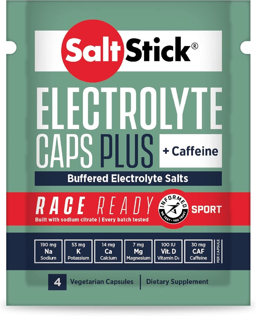 Saltstick Race Ready Electrolyte Kapsle s kofeinem 124; 96 Kapsle 124; Sůl pilulky pro běh, Hydratace, Pomáhá snížit svalové křeče 124; 24 Packets, 4 Kapsle Každý