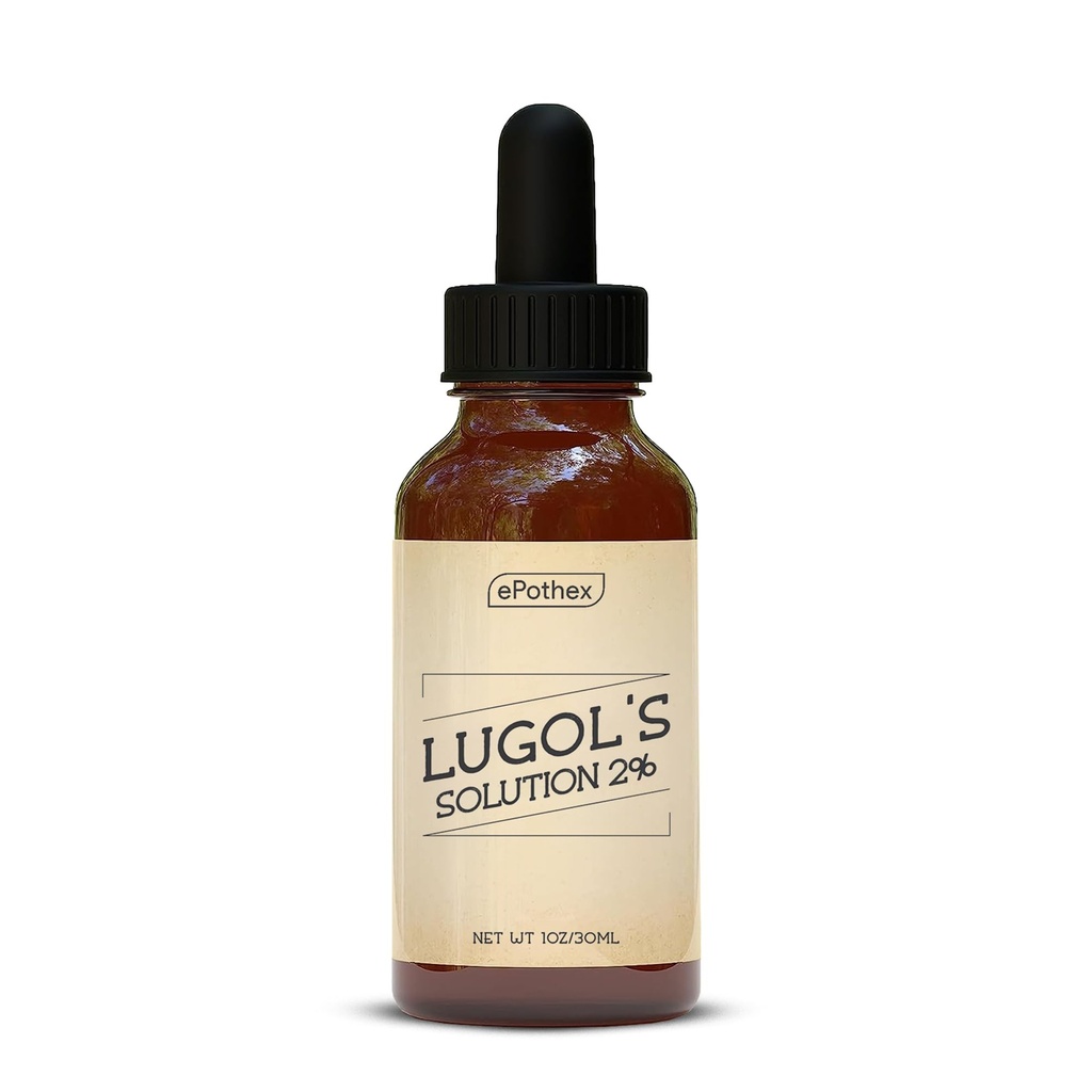 Lugolovo řešení 2% 1oz skleněná láhev s kapátkem. Obsahuje jodid draselný a jod, 30 ml