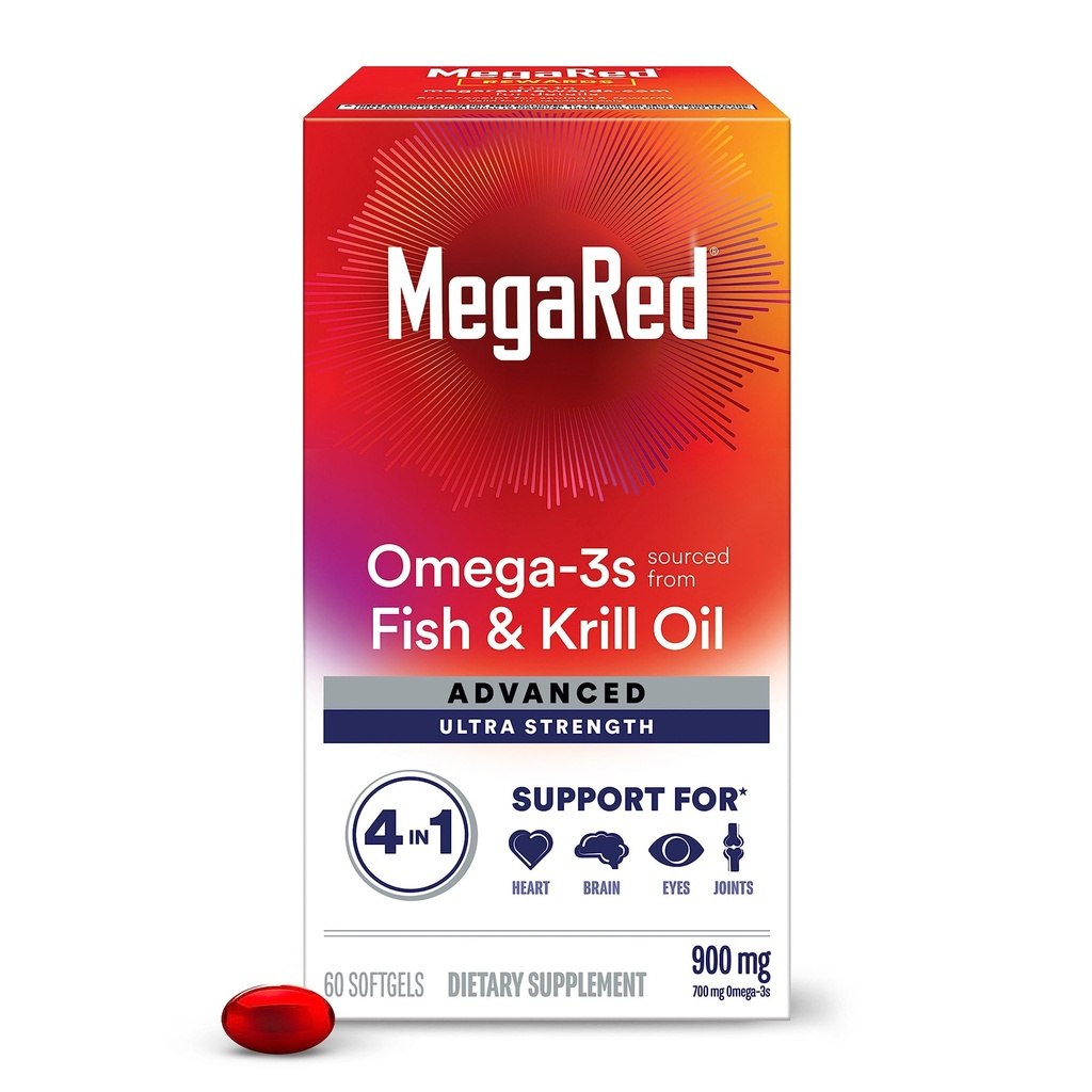 Megared Omega33 Ryba & Krill Oil Supplement 900mg - MegaRed Advanced 4in1, 60 softgels, 2x více Omega33, srdce, kloub, mozek a oko dodatek, červená, 60 Počet